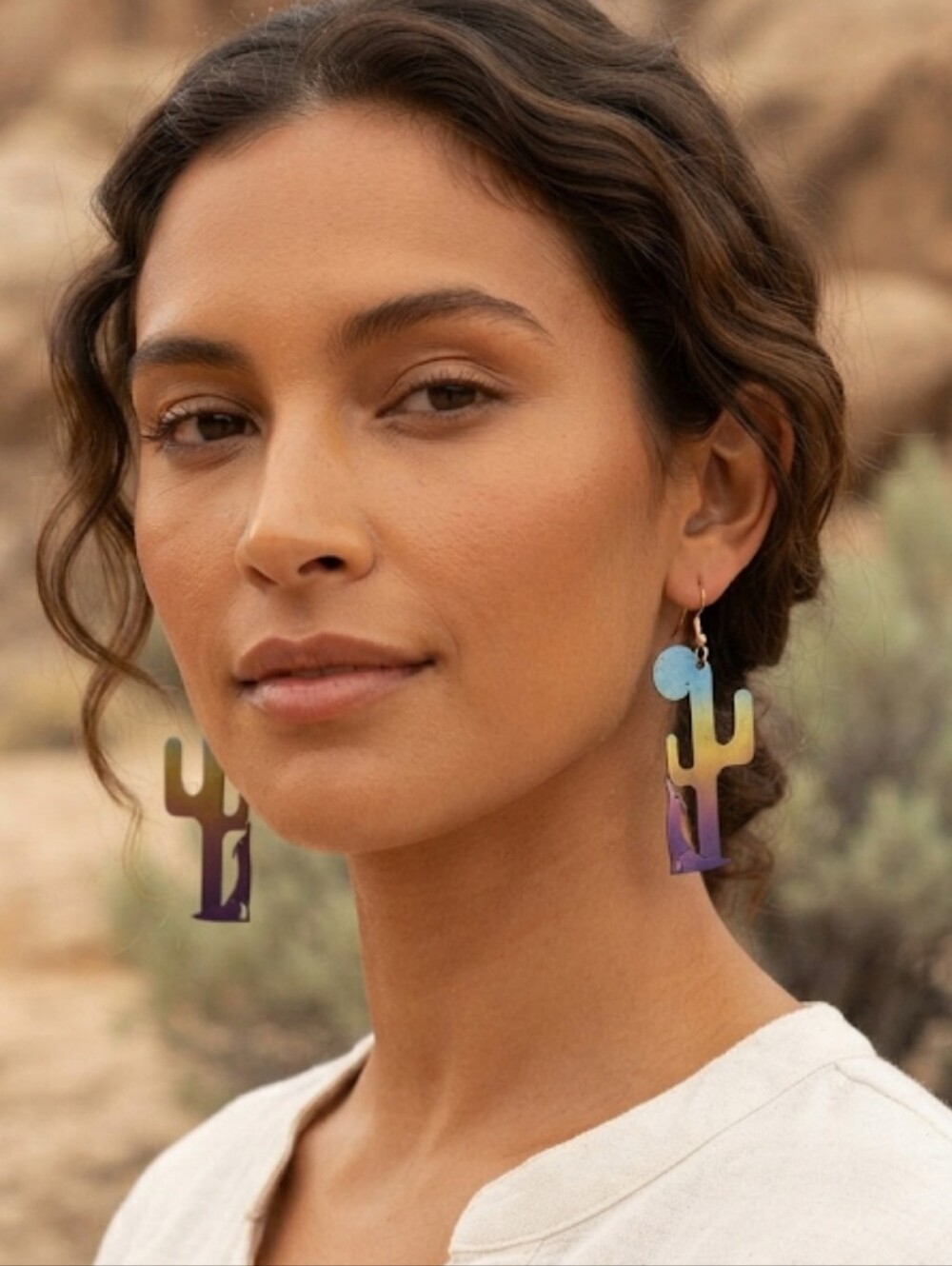 Soutwestern Ombre Cactus Wolf Dangle Earrings Desert Western Coastal Cowgirl